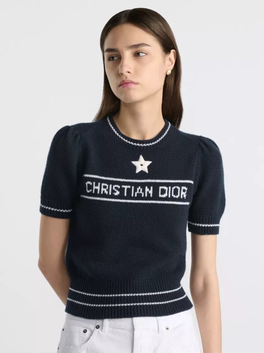 Christian Dior Short-Sleeved Sweater Navy Blue Cashmere and Wool Knit
